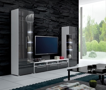 biela + sivý lesk - Obývacia stena ROMA II + LED