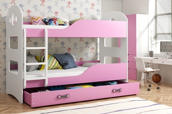 biela + ružová - Detská poschodová posteľ so zábranou DOMINIK