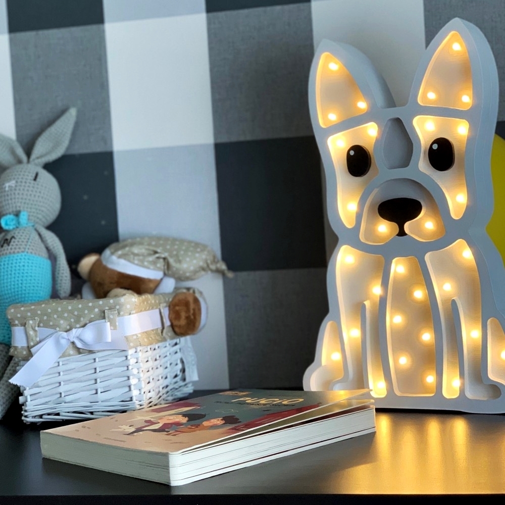 lampa buldog biela + sivá - Detská dekoračná lampa Buldog