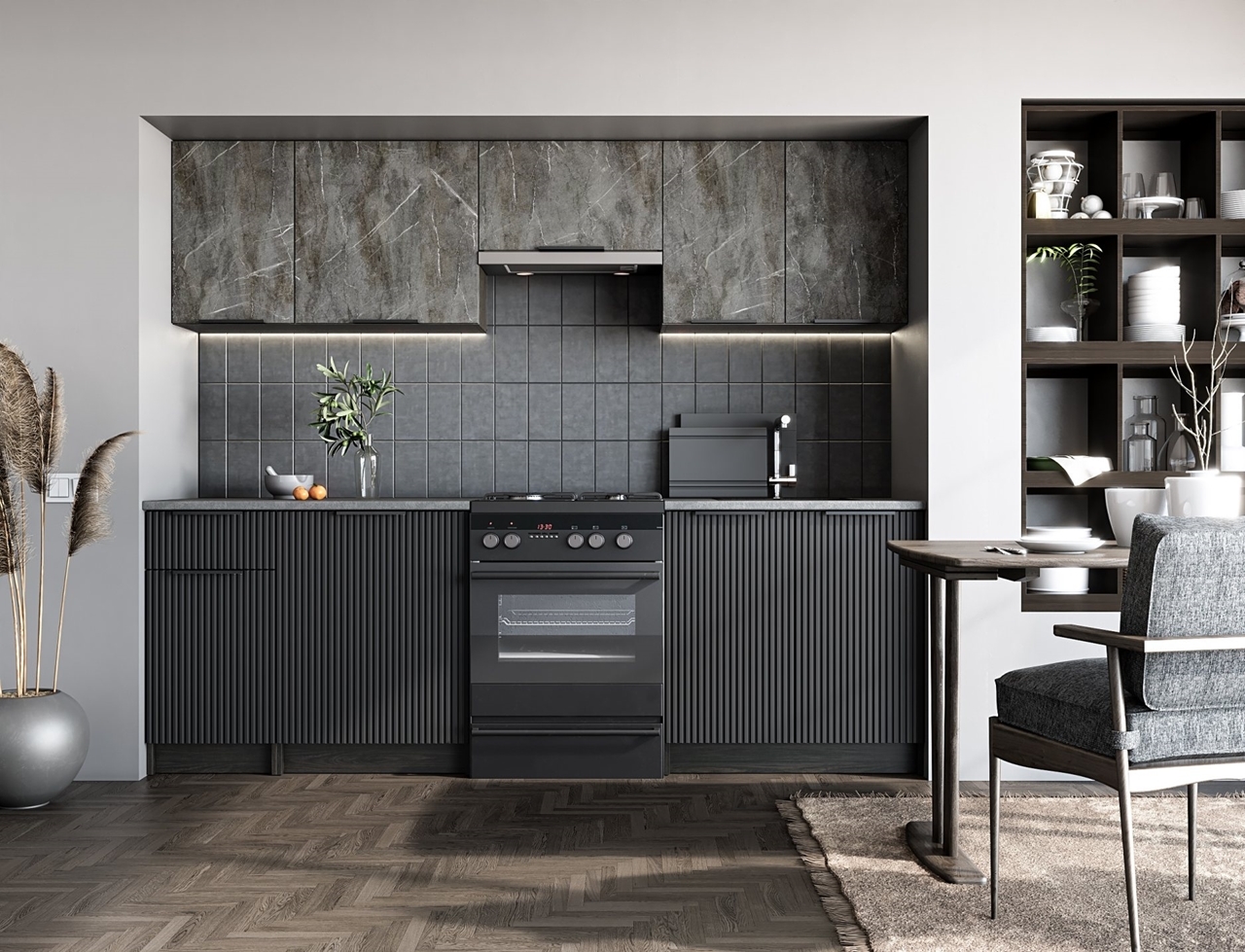 carbon wood + mramor + lamely čierne - Kuchynská linka TAMARA 240